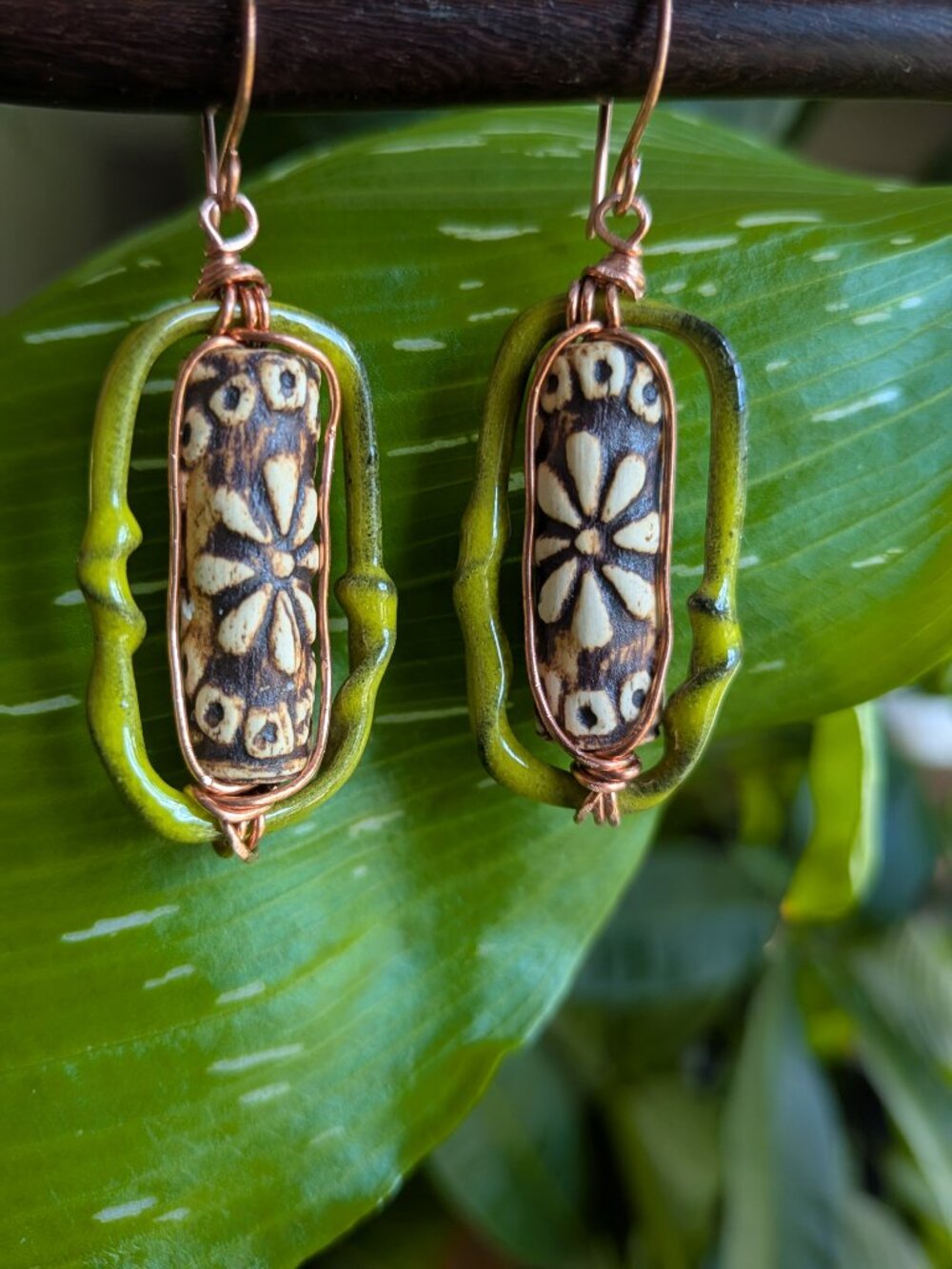Earthy Woodland Floral Earrings with Enameled Copper Hoops - Picture 9 of 10